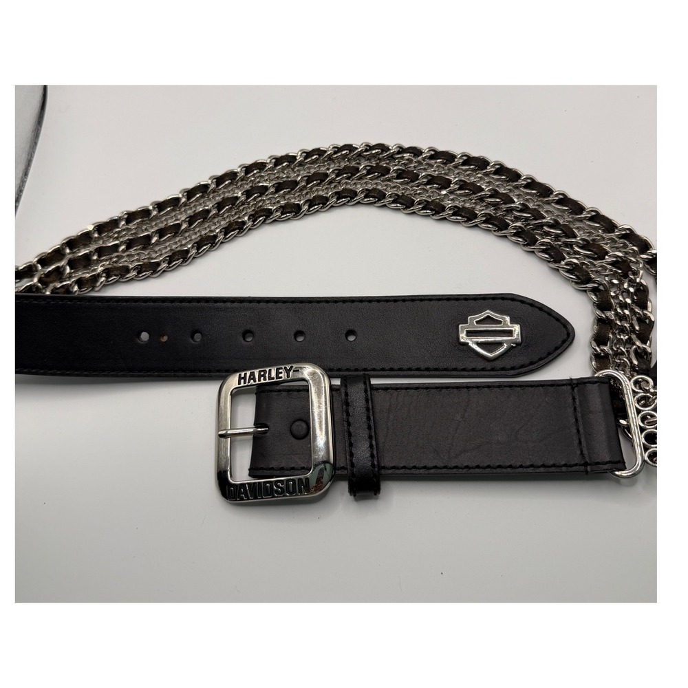 Harley Davidson Belt Womens S Black Leather Woven Chain Roll Out HDWBT10058